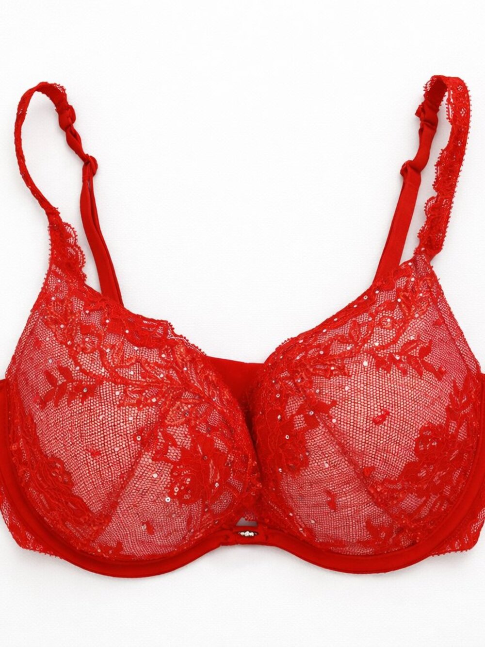 Victoria's Secret Red Push Up Bra 32DD Lace Rhinestones EUC